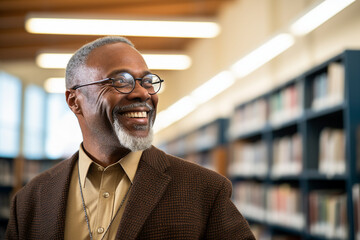 Fototapeta premium Generative AI photo of handsome happy man professional instructor scientist against a library bookshelf background