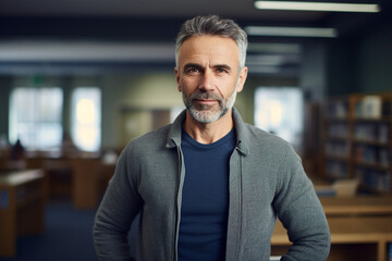 Generative AI photo of intelligent professor blurred classroom or library background education from elementary to university