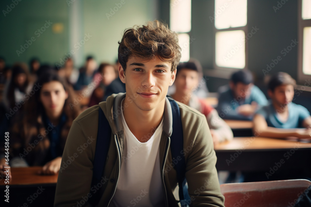 Poster picture of smiling clever smart student in classroom before lesson made with generative ai