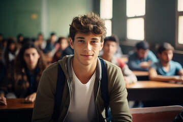 Picture of smiling clever smart student in classroom before lesson made with generative ai