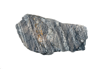 Sample of Gneiss a high grade metamorphic rock isolated on white background.