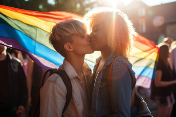 AI generated photography of sweet hugging couple of beautiful girls kissing on lgbt pride with rainbow colorful flag