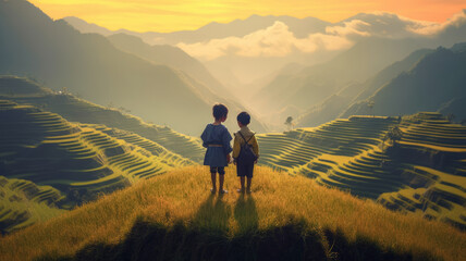 Obraz premium two kids standing on a high plateau with rice terraces,Mucangchai,Vietnam.generative ai