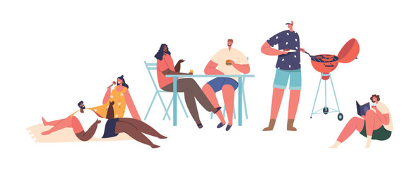 Isolated Male And Female Characters Relax On Weekend. Friends Enjoying Barbecue, Woman Reading Book Vector Illustration