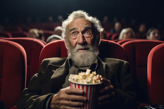 Elderly grey haired grandpa sitting cinema seat place watching movie premiere generative AI