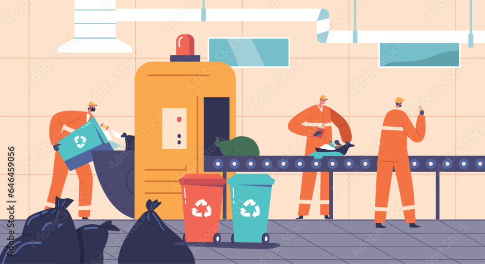 Poster worker characters processing garbage on a conveyor belt, that involves automated sorting, separation