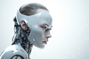 Portrait of a  robot in a white futuristic interior,Artificial intelligence concept.Generative Ai