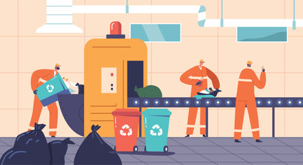 Worker Characters Processing Garbage On A Conveyor Belt, that Involves Automated Sorting, Separation