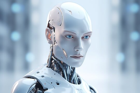 Portrait of a  robot in a white futuristic interior,Artificial intelligence concept.Generative Ai
