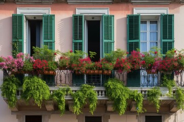A balcony filled with blooming flowers and luscious plants overlooking a building adorned with vibrant green shutters. Generative AI