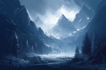 Awe-inspiring wintry scene with majestic mountains, enchanted woods, icy nature, and a mystical valley at night. Beautifully sketched artwork for gaming, book cover, or poster. Generative AI