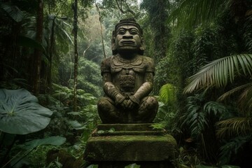 Enormous ancient guardian statue amidst lush rainforest. Generative AI - obrazy, fototapety, plakaty