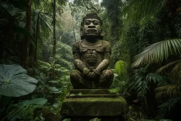 Fotobehang Enormous ancient guardian statue amidst lush rainforest. Generative AI © Caspian