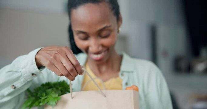 Black woman, paper bag and groceries, delivery and ecommerce with smile, courier person and shipping. Distribution, front door service and food shopping online, retail and supermarket discount