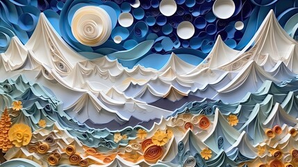 Paper Quilling Snowy Mountains, Generative AI Illustration