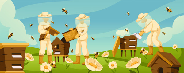 Cartoon beekeepers at apiary. Honey bees flying around beehives in flower field, blooming wildflowers and apiary workers. Rural beekeeping life vector illustration - obrazy, fototapety, plakaty