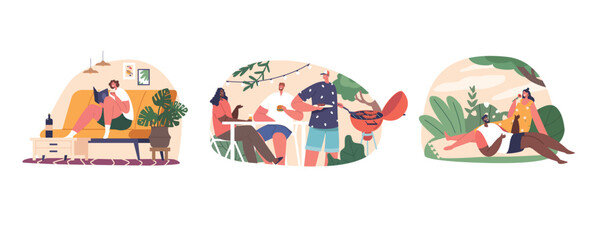 Obraz premium Characters Rest On Weekends, Find Respite From Work, Enjoying Relaxation, Hobbies, And Time With Loved Ones