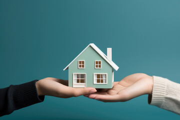 Fototapeta na wymiar Hands holding a house model against a solid color background - Homeownership and Dream - AI Generated