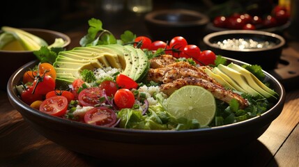 Healthy salad bowl with quinoa, tomatoes, chicken, avocado, lime and mixed vegetables on dining table