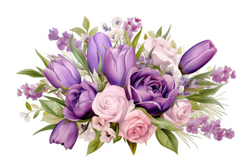 Bouquet of delicate lilac roses and vibrant purple tulips with garden flowers isolated on transparent background. PNG file, cut out