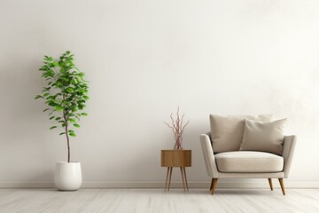 Contemporary living room with armchair, wall mockup, white wall, sofa, sofa chair, plants, and Scandinavian interior design. Ample space. Generative AI