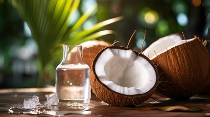 Coconut oil and coconut halves on a palm tree for healthy food and diet. Use in cosmetics, hair and massage.