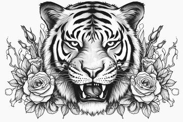 Aggressive tiger head, front view, with a rose below the head, tattoo design, black and white draw, white background