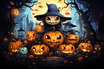 "Halloween Cartoon Pumpkins Illustration: A Playful and Whimsical Background for Spooky Celebrations"