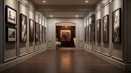 A hallway featuring recessed alcoves for displaying artwork - obrazy, fototapety, plakaty