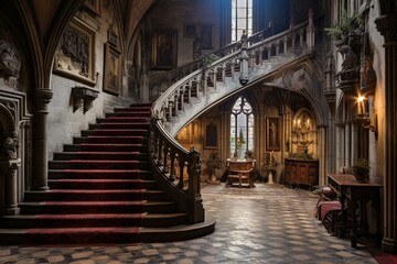 Medieval castle's grand staircase and hall. Generative AI