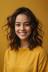 Photo of teen girl smiling portrait against yellow background in studio. Image created using artificial intelligence.
