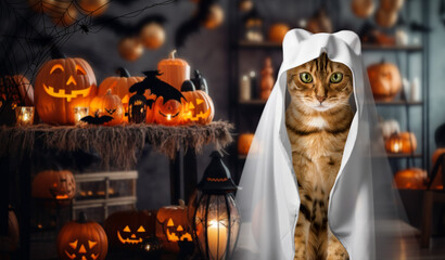 A cat in a ghost costume against the background of a room decorated for Halloween.