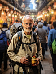 Obraz premium A Photo of a Senior Solo Traveler with a Backpack in a Busy Marketplace