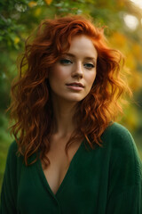 Naklejka premium picture of attractive redhead woman model symbolizing autumn season over light green background during late autumn suset. Image created using artificial intelligence. 