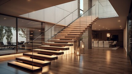 A hallway with a floating staircase and glass railings