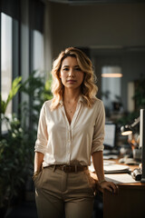 Casual portrait of a designer in her office standing by her desk. Image created using artificial intelligence.