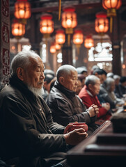 Fototapeta na wymiar A Photo of Elderly Travelers Listening to a Spiritual Leader at a Temple