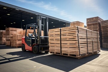 Pallets loaded onto container using forklift at dock leveler on warehouse. Generative AI