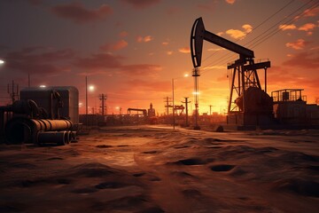 Evening oil field scene with pumps and truck. Generative AI - obrazy, fototapety, plakaty