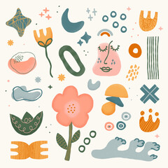 Set of hand drawn various shapes and doodle objects. Textured moon, flowers, face, waves and frames. Abstract contemporary modern trendy vector illustration. Stamp texture. Mental health concept.