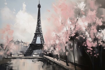 Parisian landscape oil painting with Eiffel Tower, combining black, white, and pink hues in a modern art style. Generative AI