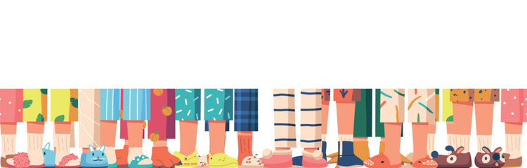 Fototapeta premium Playful And Charming Seamless Pattern Featuring Adorable Children Feet Stand In Row Snugly Adorned In Cozy Slippers