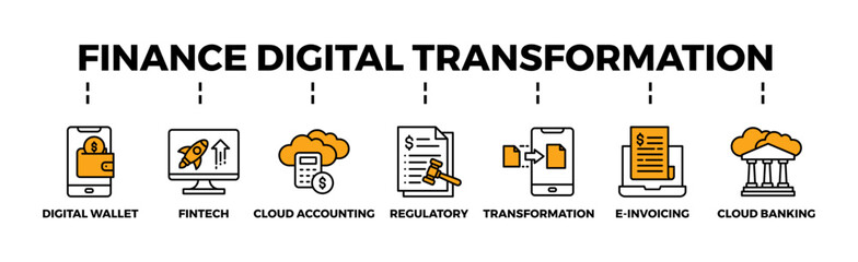 Finance Digital Transformation  concept editable vector banner web with icon of Digital Wallet,Fintech Startup,Cloud Accounting,Regulatory Compliance,Digital Transformation,E-Invoicing,
Cloud Banking