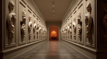 A hallway with a series of decorative wall niches holding sculptures