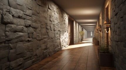 A hallway with an accent wall of textured stone