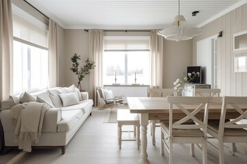 Fototapeta na wymiar Farmhouse living and dining room in white and beige tones. Sofa, table, chairs, decor. Contemporary interior design. Generative AI