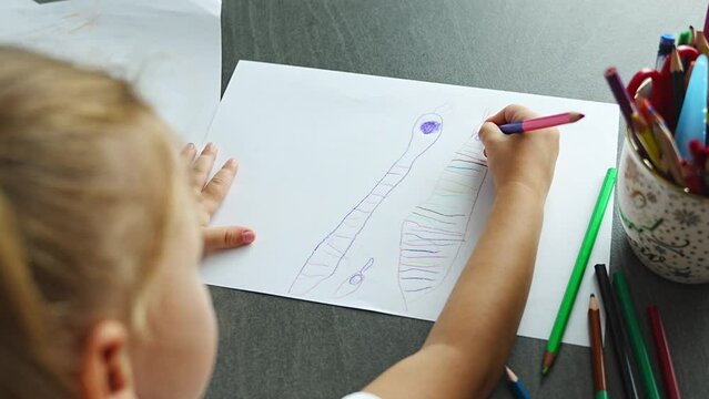 Little girl draws with colored pencils in home. 