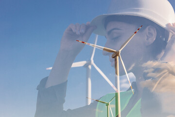 Portrait of woman engineer standing by the windmill turbines