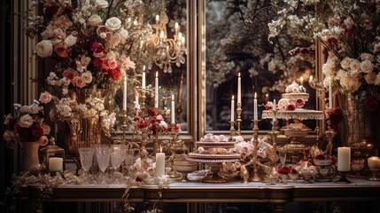 Luxurious wedding decoration, generated by AI - obrazy, fototapety, plakaty