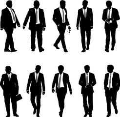 Business men silhouettes set in various poses. Group of business people. Flat vector illustrations. Lawyer, teacher, sales manager, boss, politician, broker, real estate agent. 
